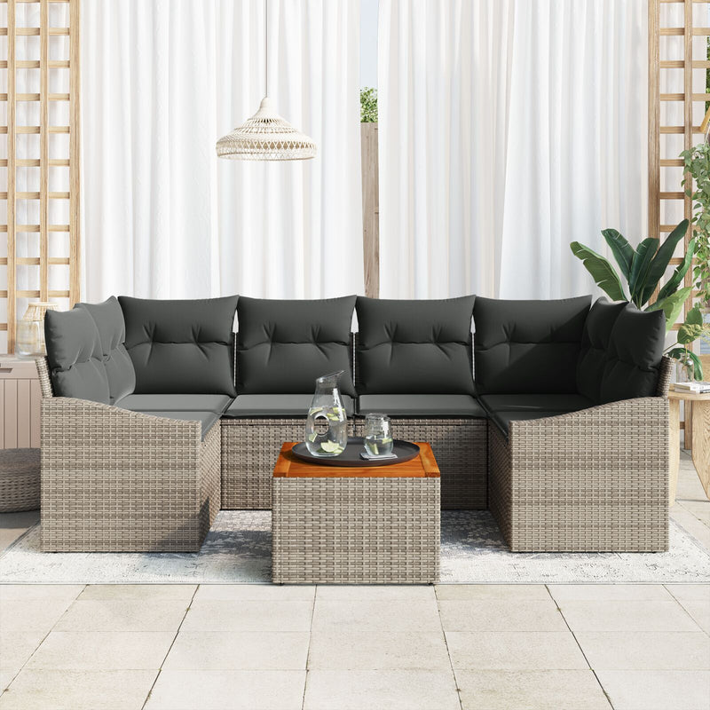7 Piece Garden Sofa Set with Cushions Grey Poly Rattan Acacia