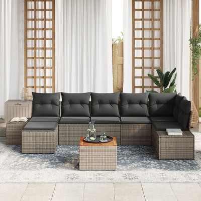 8 Piece Garden Sofa Set with Cushions Grey Poly Rattan Acacia