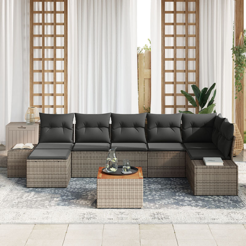 8 Piece Garden Sofa Set with Cushions Grey Poly Rattan Acacia