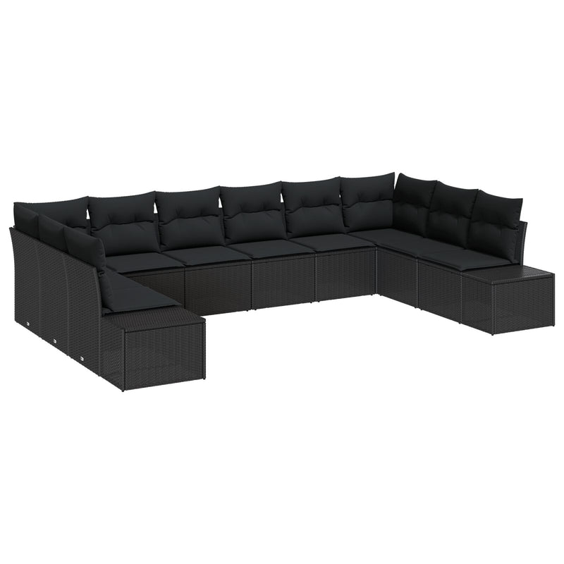 10 Piece Garden Sofa Set with Cushions Black Poly Rattan