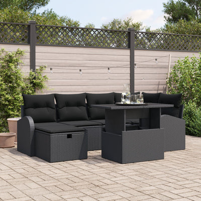 7 Piece Garden Sofa Set with Cushions Black Poly Rattan