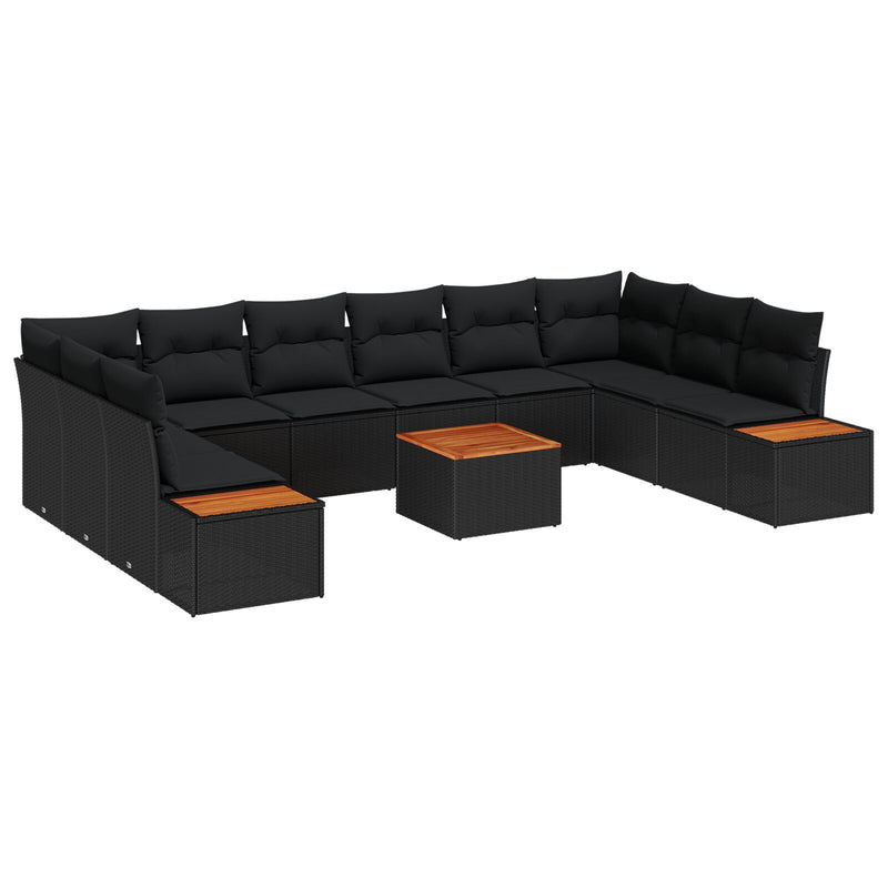 11 Piece Garden Sofa Set with Cushions Black Poly Rattan Acacia