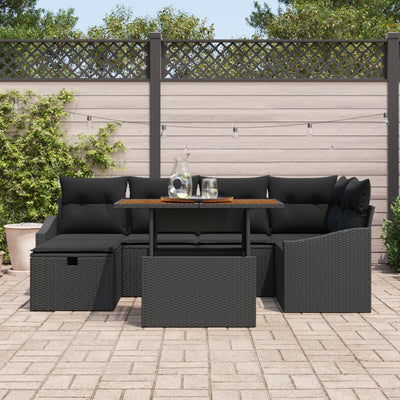 7 Piece Garden Sofa Set with Cushions Black Poly Rattan