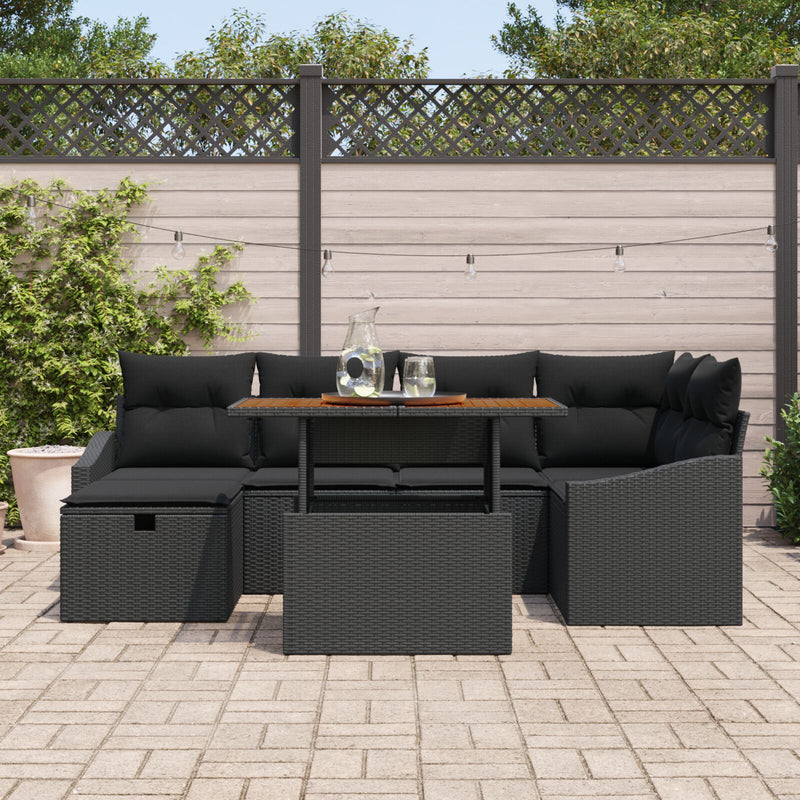 7 Piece Garden Sofa Set with Cushions Black Poly Rattan