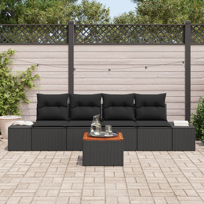 5 Piece Garden Sofa Set with Cushions Black Poly Rattan Acacia