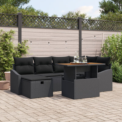 7 Piece Garden Sofa Set with Cushions Black Poly Rattan