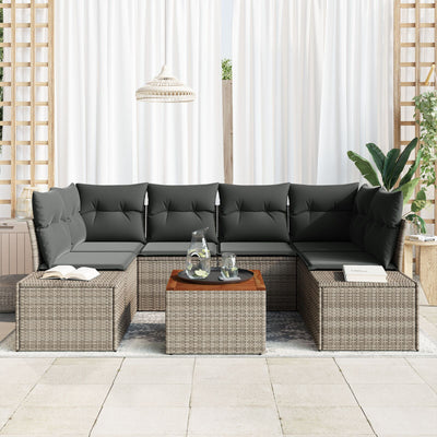7 Piece Garden Sofa Set with Cushions Grey Poly Rattan Acacia