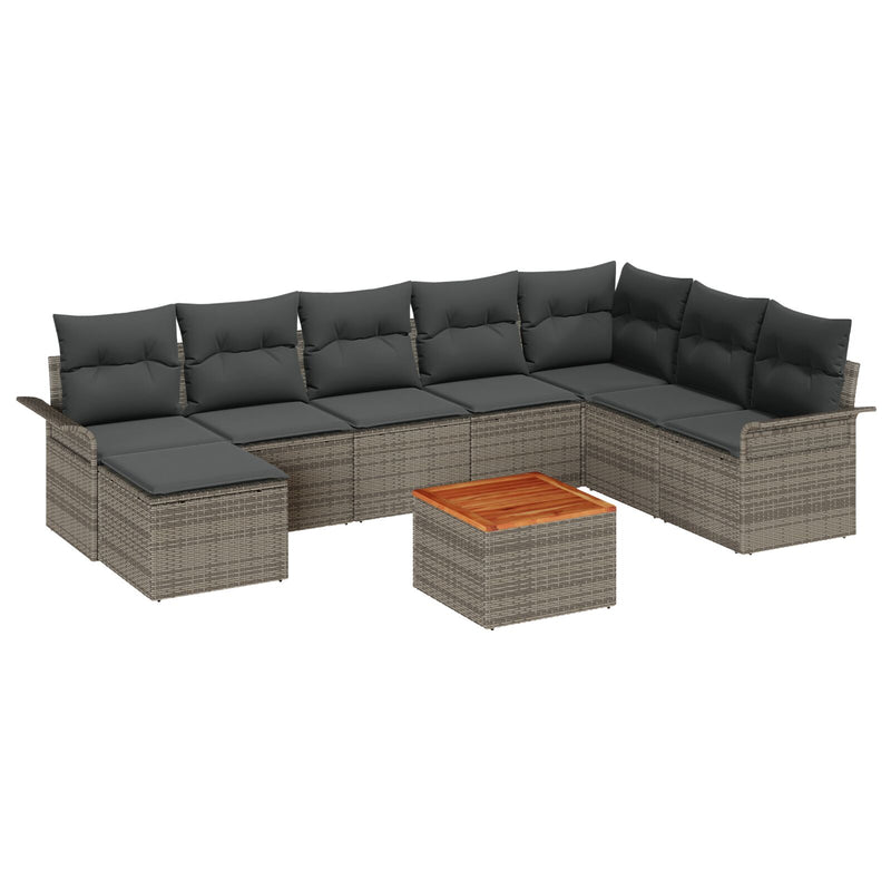 9 Piece Sofa Set with Cushions Grey Poly Rattan Acacia