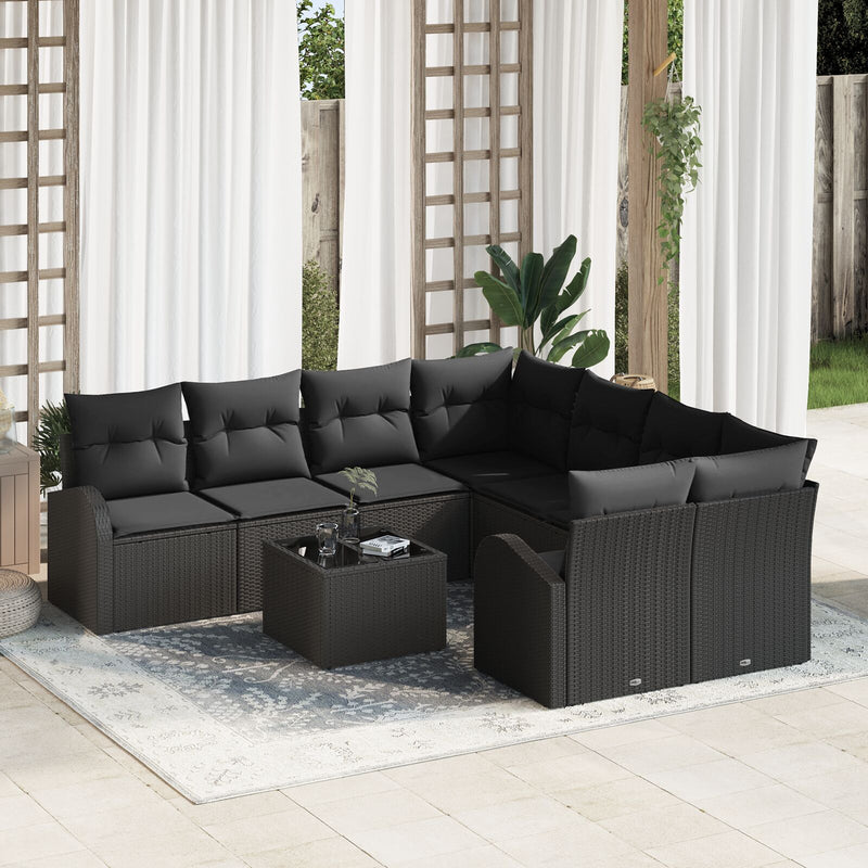 9 Piece Garden Sofa Set with Cushions Black Poly Rattan