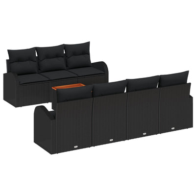 8 Piece Garden Sofa Set with Cushions Black Poly Rattan Acacia