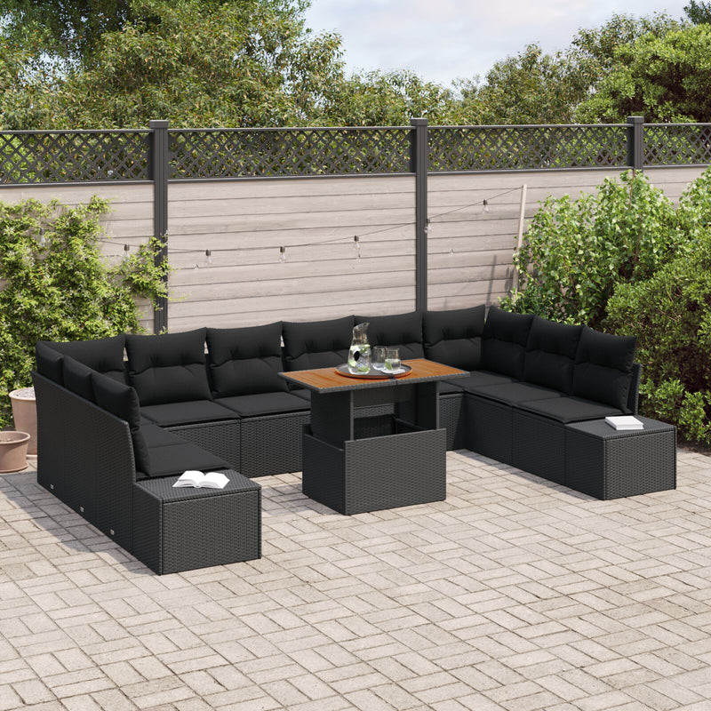 11 Piece Garden Sofa Set with Cushions Black Poly Rattan