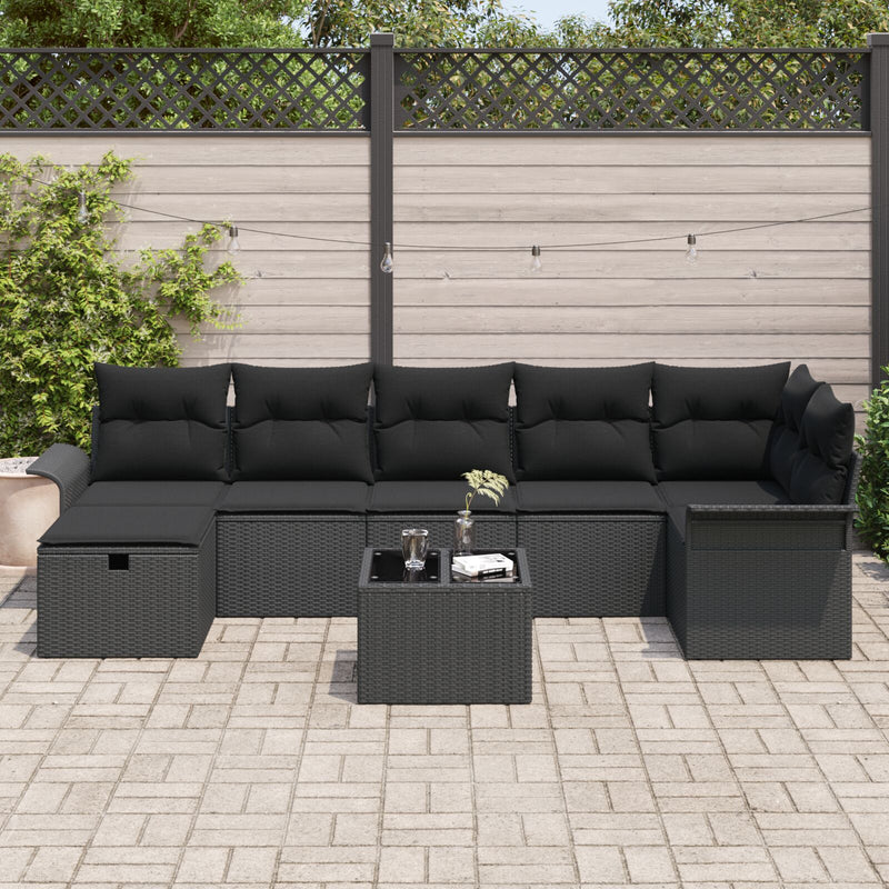 8 Piece Garden Sofa Set with Cushions Black Poly Rattan