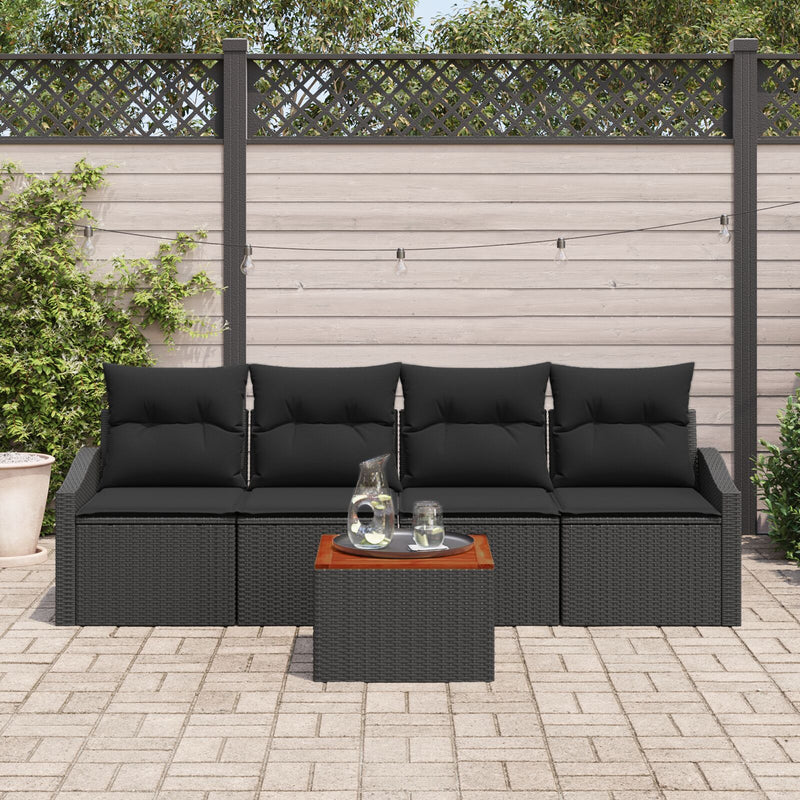 5 Piece Garden Sofa Set with Cushions Black Poly Rattan Acacia