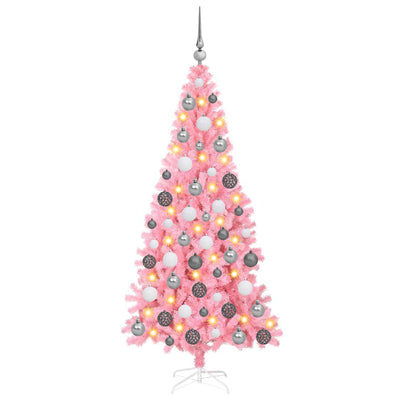 Artificial Christmas Tree LEDs & Ball Set Pink 180 cm PVC
