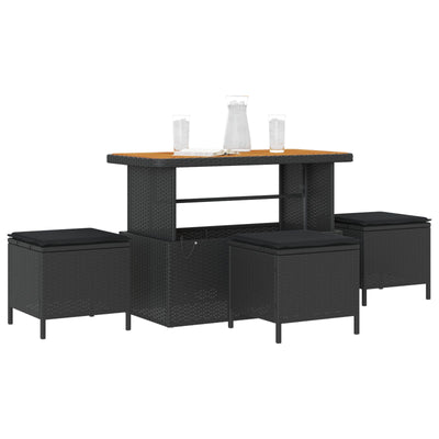 4 Piece Garden Dining Set with Cushions Black Poly Rattan Acacia
