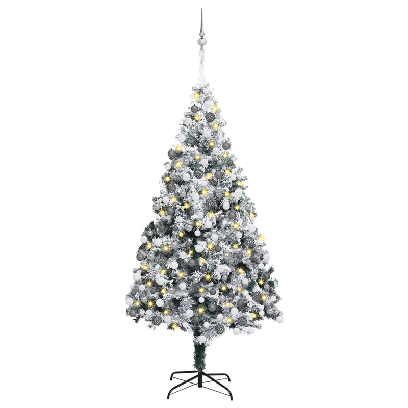 Slim Christmas Tree 300 LEDs & Ball Set & Flocked Snow Green 180 cm