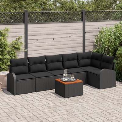 7 Piece Garden Sofa Set with Cushions Black Poly Rattan Acacia