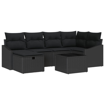 7 Piece Garden Sofa Set with Cushions Black Poly Rattan