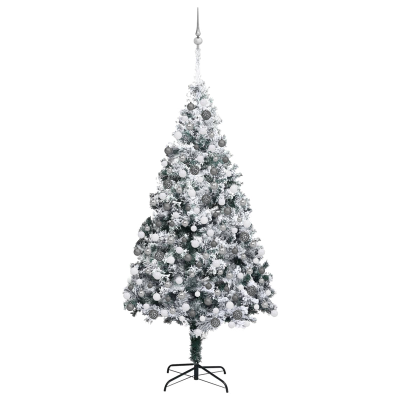 Slim Christmas Tree 300 LEDs & Ball Set & Flocked Snow Green 180 cm
