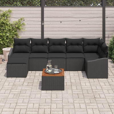 8 Piece Garden Sofa Set with Cushions Black Poly Rattan Acacia