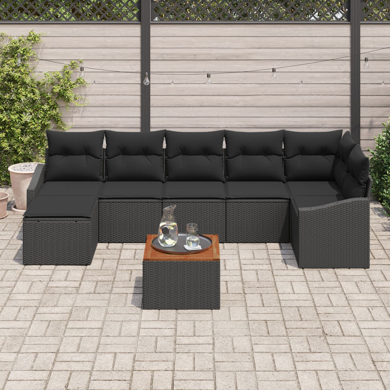 8 Piece Garden Sofa Set with Cushions Black Poly Rattan Acacia