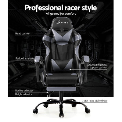 Artiss Office Chair Gaming Chair Computer Chairs Recliner PU Leather Seat Armrest Footrest Black Grey