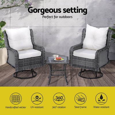 Gardeon 3PC Outdoor Furniture Bistro Set Lounge Wicker Swivel Chairs Table Cushion Grey