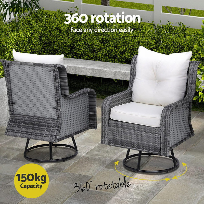 Gardeon 3PC Outdoor Furniture Bistro Set Lounge Wicker Swivel Chairs Table Cushion Grey