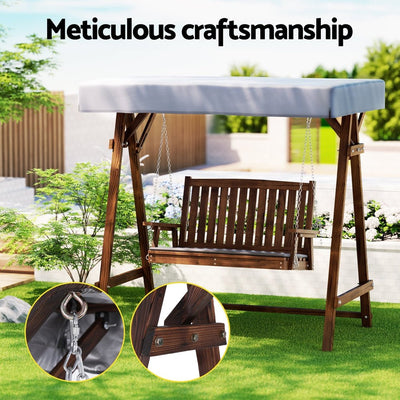 Gardeon Outdoor Wooden Swing Chair Garden Bench Canopy Cushion 2 Seater Charcoal