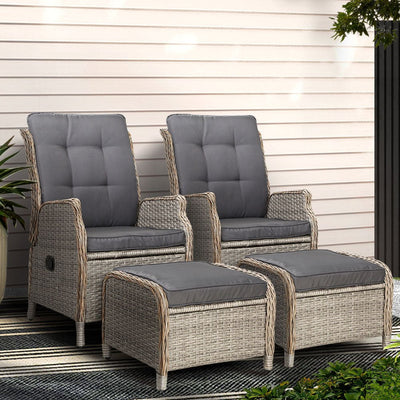 Gardeon 2PC Recliner Chair Sun lounge Wicker Lounger Outdoor Furniture Adjustable Grey