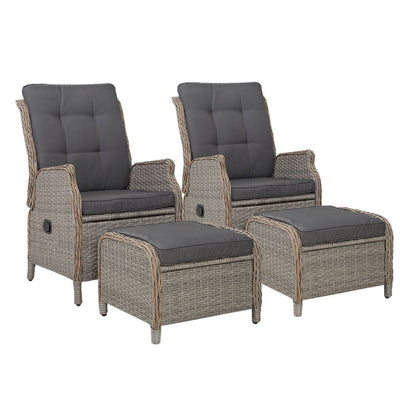 Gardeon 2PC Recliner Chair Sun lounge Wicker Lounger Outdoor Furniture Adjustable Grey