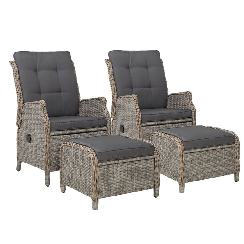 Gardeon 2PC Recliner Chair Sun lounge Wicker Lounger Outdoor Furniture Adjustable Grey