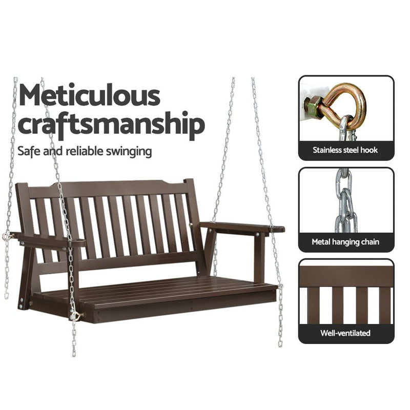 Gardeon Porch Swing Chair With Chain Outdoor Furniture Wooden Bench 2 Seat Brown