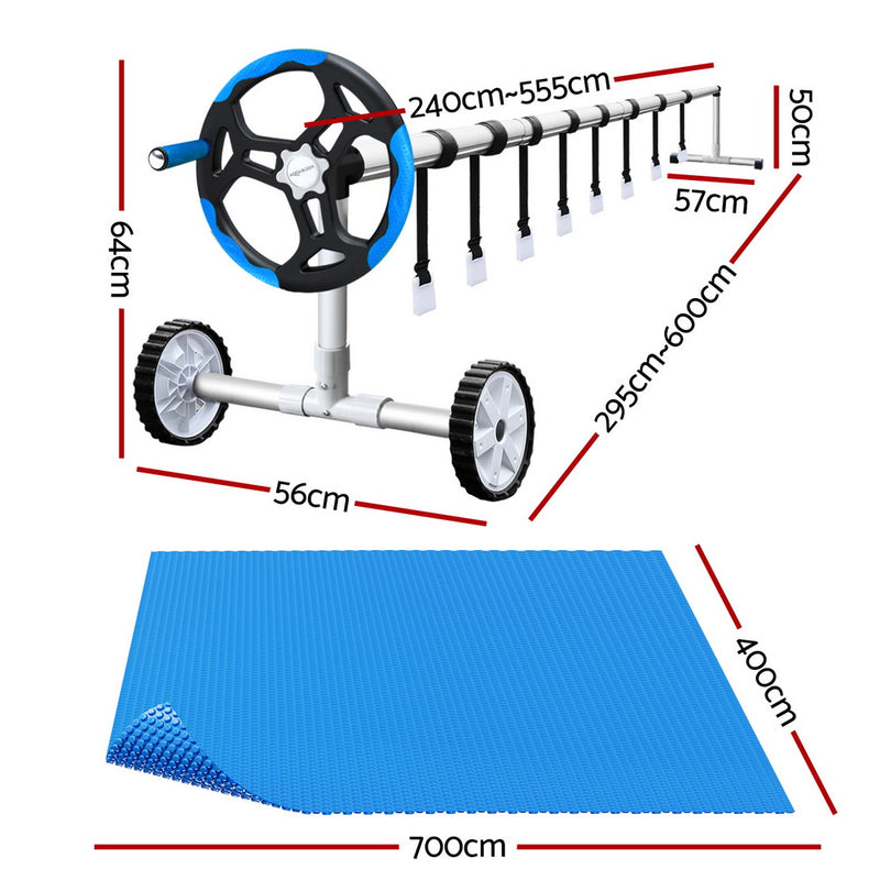 Aquabuddy Pool Cover 600 Micron 7x4m w/ Roller 5.55m Solar Blanket Blue