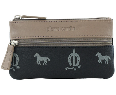 Pierre Cardin Womens Horse Print Genuine Leather RFID Coin Purse Wallet - Black/Taupe