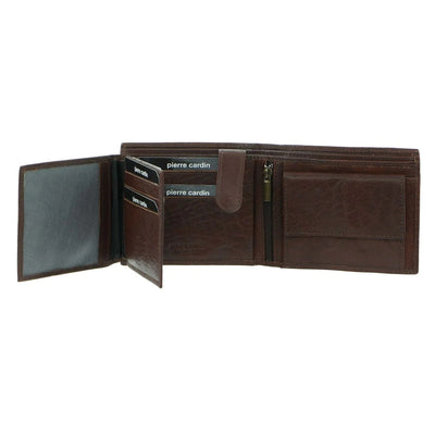 Pierre Cardin Mens Leather Wallet Tri-Fold Credit Card Slots Flap RFID - Brown