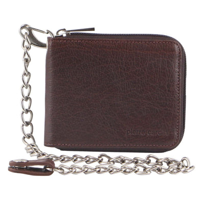 Pierre Cardin Mens RFID Leather Zip Around Wallet with Chain - Brown