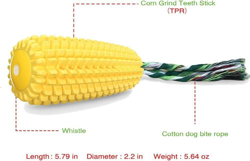 Dog Corn Toothbrush Teeth Cleaner Squeak Chew Toy with Rope in Yellow