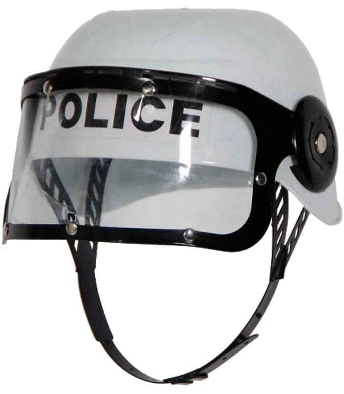 POLICE HAT Plastic Helmet Cap Costume Party w Strap Clear Visor - White