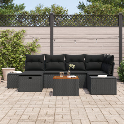 7 Piece Garden Sofa Set with Cushions Black Poly Rattan