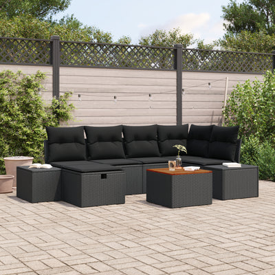 7 Piece Garden Sofa Set with Cushions Black Poly Rattan