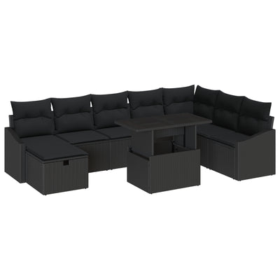 9 Piece Garden Sofa Set with Cushions Black Poly Rattan