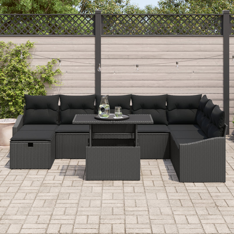 9 Piece Garden Sofa Set with Cushions Black Poly Rattan