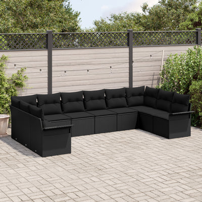 10 Piece Garden Sofa Set with Cushions Black Poly Rattan