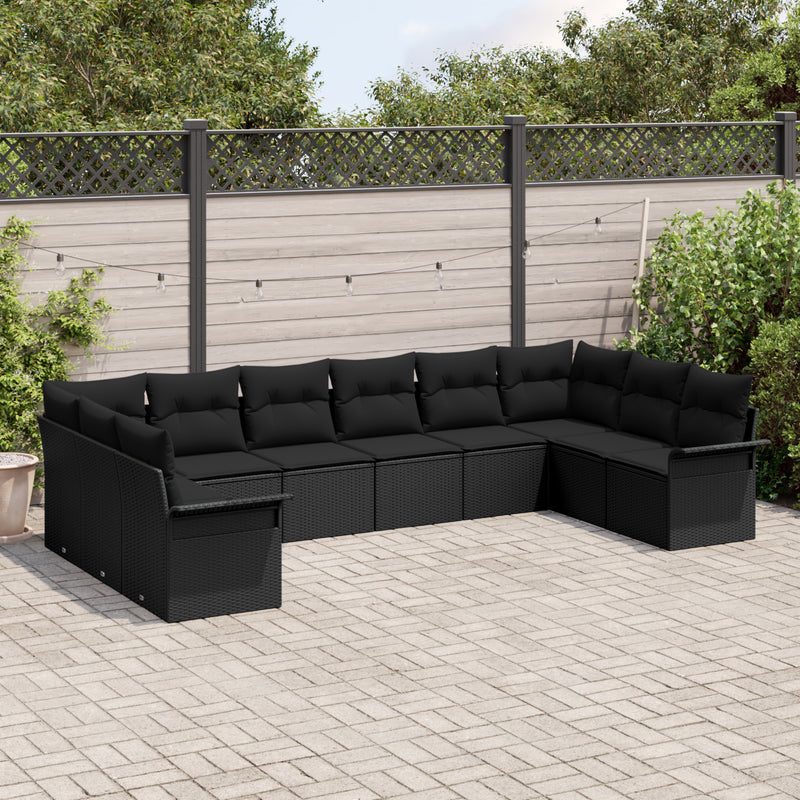 10 Piece Garden Sofa Set with Cushions Black Poly Rattan