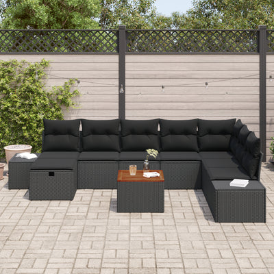 9 Piece Garden Sofa Set with Cushions Black Poly Rattan