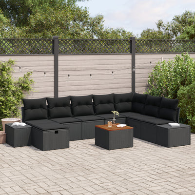 9 Piece Garden Sofa Set with Cushions Black Poly Rattan