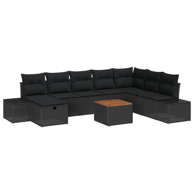 9 Piece Garden Sofa Set with Cushions Black Poly Rattan