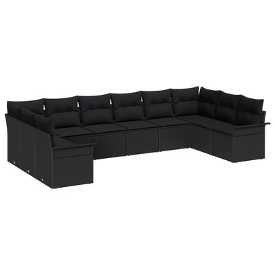 10 Piece Garden Sofa Set with Cushions Black Poly Rattan