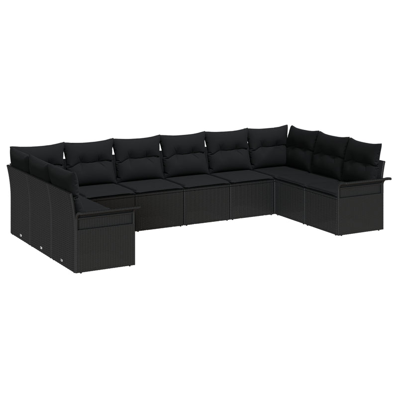 10 Piece Garden Sofa Set with Cushions Black Poly Rattan